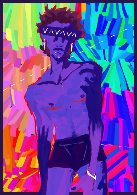 (colorful drawing of a man with chest scars)